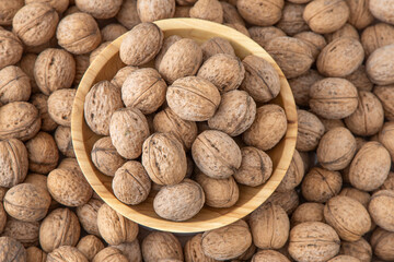 Walnut in shell. Background view from above. Healthy food bowl top view