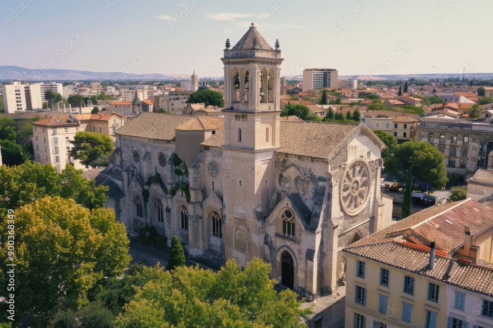 Poster aerial view of a church with a clock tower, suitable for use in architecture or cityscape illustrati