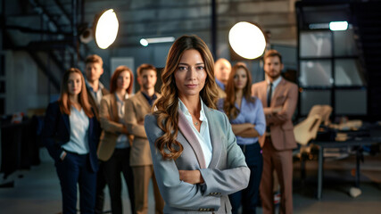 Obraz premium A young businesswoman and her team of emerging leaders, confidently posing in a futuristic office environment, symbolizing the evolution of leadership in the family business.