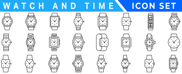 Watch & time wrist vector outline set icon. Isolated outline set icon wristwatch. Vector illustration clock on white background