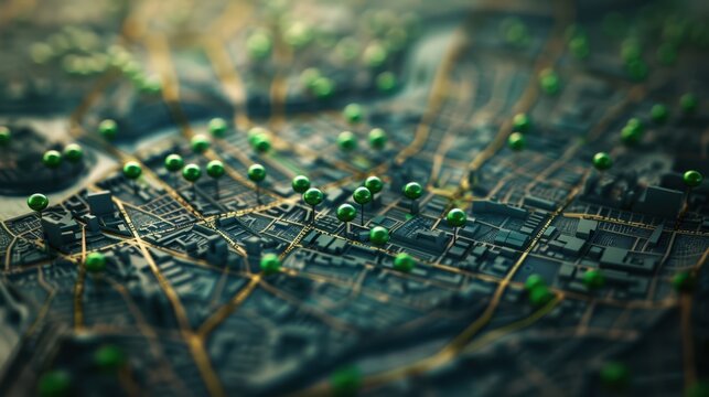 A 3D map with green pins