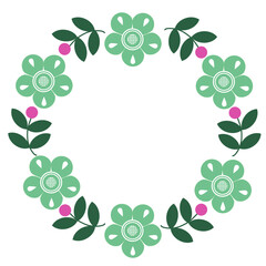 flowers style Scandinavian folk art ,floral greeting card on pattern, green ,white and pink ornament ,design elements.