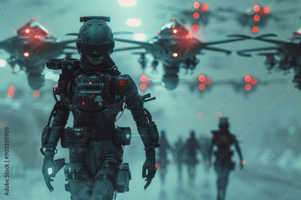 Poster a person wearing a futuristic suit walks through snowy terrain, suitable for use in science fiction 