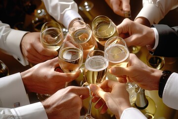 group of people holding glasses of champagne, business team celebrating big win, toasting with glasses of champagne