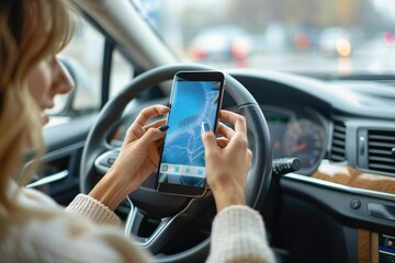 Beautiful person sending a text message while driving a car.