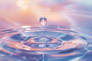 A single water drop falls into a calming pool of iridescent liquid creating concentric ripples and ethereal light reflections