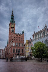Gdansk, Poland - May 25 2024 "The old town architecture during morning rain"