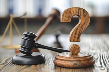Beautiful closeup of question mark and auction gavel, symbolizing law, legal matters, and justice.