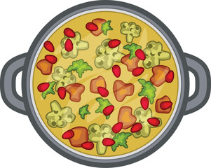 Steaming hot pot of delicious vegetable soup cooking on stove top