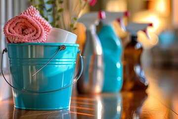 Beautiful blue bucket filled with a variety of house cleaning products displayed on a shiny hardwood floor in a cozy home setting.