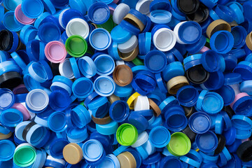 close up plastic bottles caps for recycling to conserve the environment, recycling, reuse, garbage disposal, save the world concpet