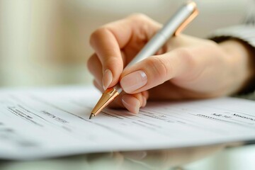 Beautiful human hand filling out a lease agreement form with a pen for a rental property.