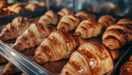 A closeup view of freshly baked croissants displayed in a bakery case