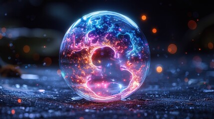 A glowing orb pulsates with vibrant, colorful energy in the dark