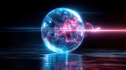 A vibrant orb radiates energy waves in a dark, futuristic setting