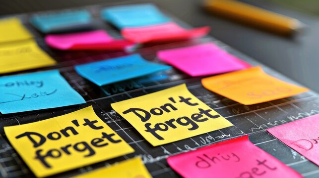 Bright sticky notes feature reminders arranged on a desk for daily tasks