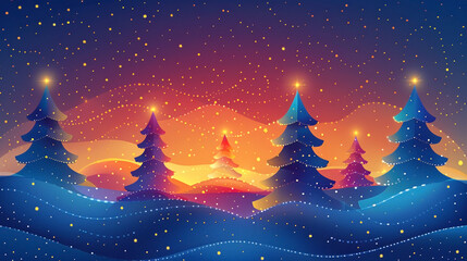 Fototapeta premium Whimsical winter night scene with colorful Christmas trees and starry sky
