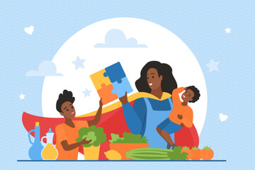 A mother depicted as a superhero with her children, engaging in various activities like cooking and playing, highlighting strength, care, and family unity vector illustration.