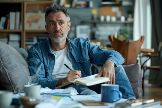 Middle-aged man sitting on couch, writing in notebook with pen. Cozy and thoughtful setting. Ideal for lifestyle or personal reflection themes. Warm light and home office vibe. Generative AI