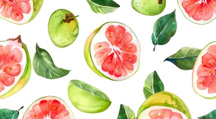 Watercolor pattern design with fresh guavas isolated on white background.