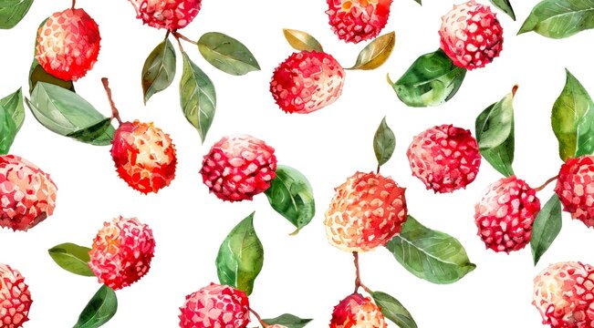 Watercolor pattern design with ripe lychee fruits isolated on white background.