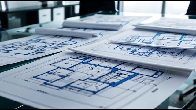 Architectural blueprints and plans are neatly arranged on a glass desk in a modern office setting