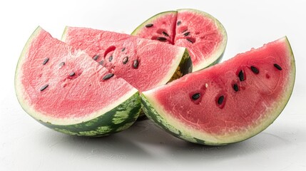Freshly cut watermelon pieces reveal vibrant pink flesh and dark seeds