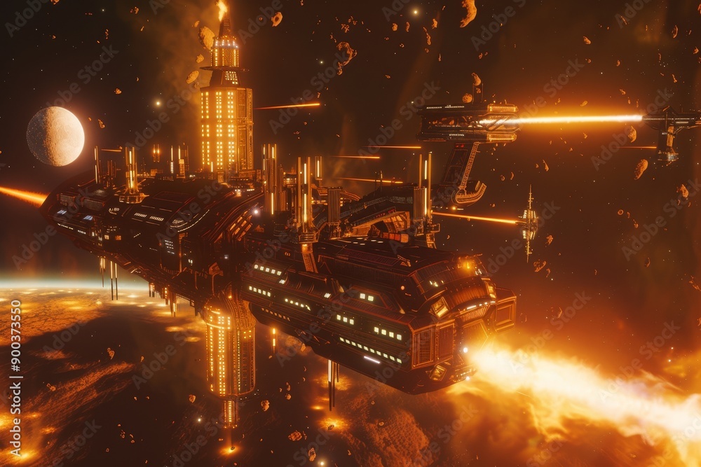 Poster spaceship flying through space with planet in the background, bustling space station orbiting distan