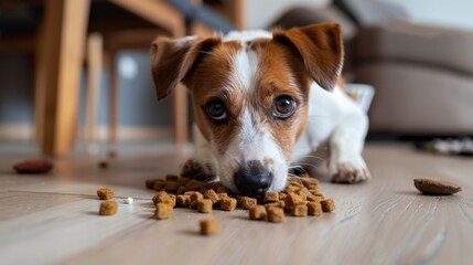 Hungry Dog Eating Dog Food on the Floor
