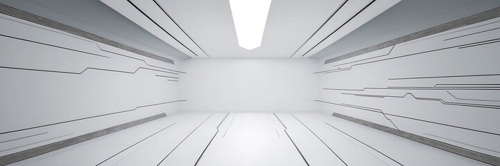 Futuristic white corridor with geometric lines and bright lighting. Technology, science fiction, or modern architecture projects, conveying innovation and progress.