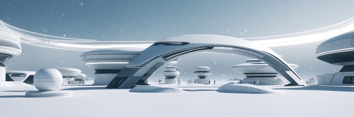Panoramic view of a sleek, futuristic research station in a snowy arctic environment. For sci-fi illustrations, technology concepts, or sustainable architecture presentations.