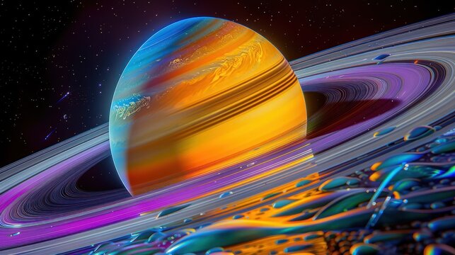 Colorful rings encircle Saturn as cosmic wonders unfold in the background