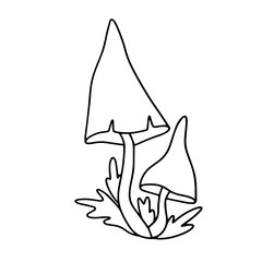 Fototapeta premium Vector doodles of fantasy mushrooms in the grass. Outline drawing cartoon
