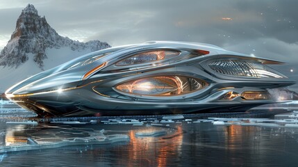 Obraz premium Futuristic spaceship with sleek metallic design docked on icy planet with mountains, showcasing advanced technology and epic sci-fi landscape.