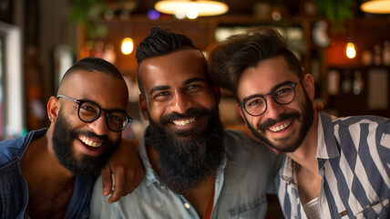Fototapeta premium Three bearded buddies enjoying a fun time together at a pub
