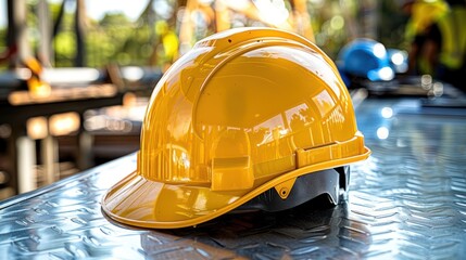A bright yellow hard hat lies on a shiny metal surface in the sunlight
