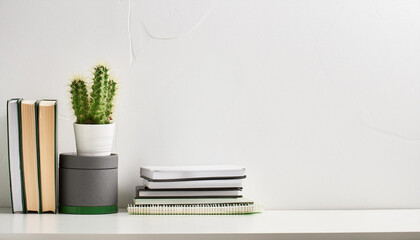 mockup of a stack of books next to a potted plant on a white empty wall background