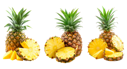 Sliced pineapple, ananas splash floating in air isolated in transparent background png for packaging, poster, nutrition label, fresh ripe yellow tropical pine apple 