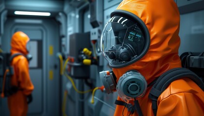 Fototapeta premium A worker in a protective suit stands in a futuristic environment, showcasing advanced technology and safety equipment.