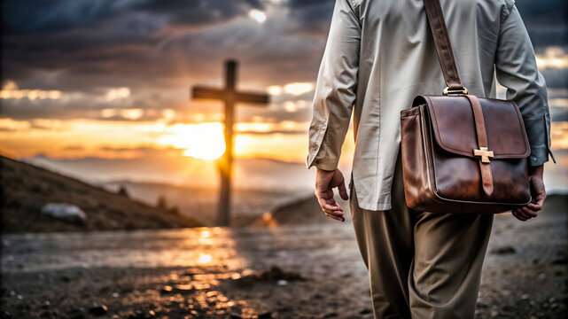 Missionary man with suitcase on his back walking through the field at sunset taking the Word of God