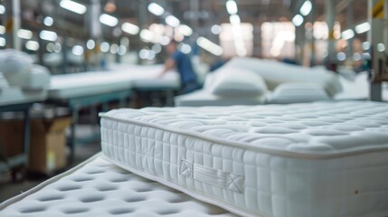 white mattresses arranged in a large industrial factory setting with workers in the background. 