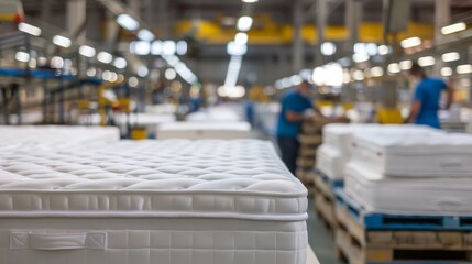 white mattresses arranged in a large industrial factory setting with workers in the background. 
