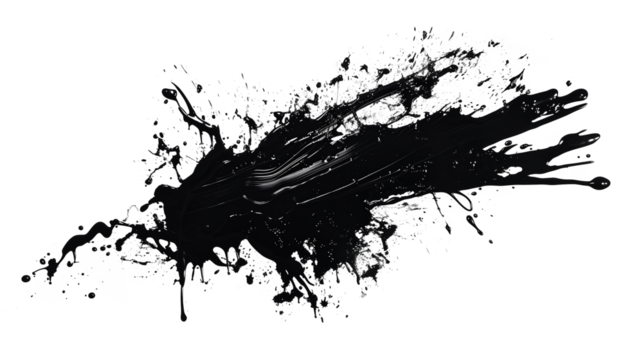 Abstract black in splash, paint, brush strokes, stain grunge isolated on transparency background