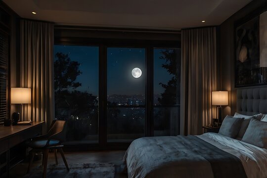 dark badroom at night with big window and fulmoon