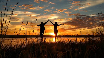 Fototapeta premium happy young couple stretching arms and waking up together in bedroom. 