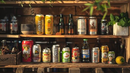 A collection of European canned beverages displayed in a rustic kitchen setting