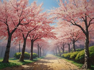 cartoon sakura trees background landscape