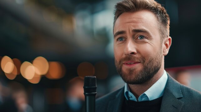 Man speaking into a microphone