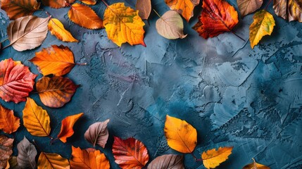 A collection of vibrant leaves on a calm blue background