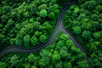 Fototapeta premium An aerial view of a winding road passing through a dense green forest